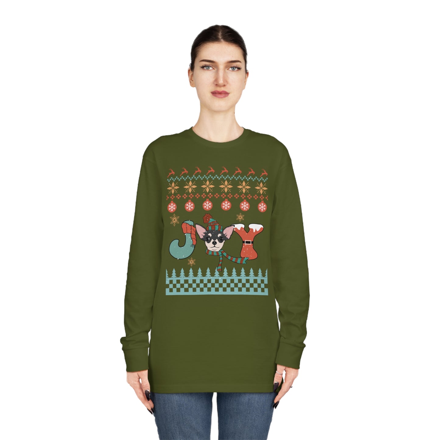 Joy Chihuahua Dog Christmas Ugly Sweater Long Sleeve Tee