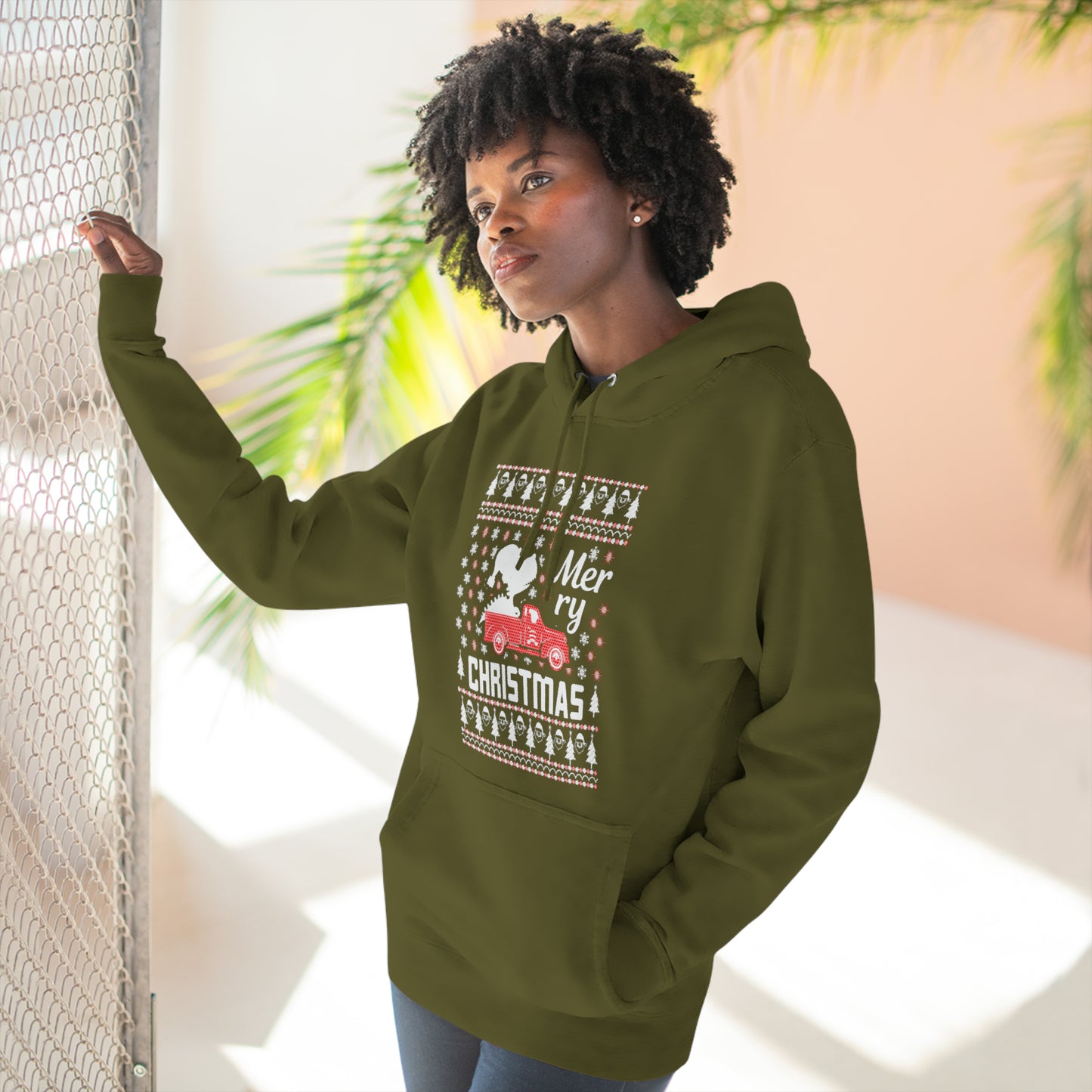 Dinosaur in Red Truck Merry Christmas Ugly Sweater Pullover Hoodie