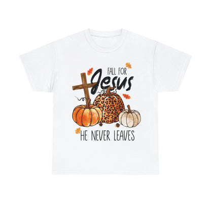 Fall For Jesus He Never Leaves Christian Halloween Short Sleeve Tee