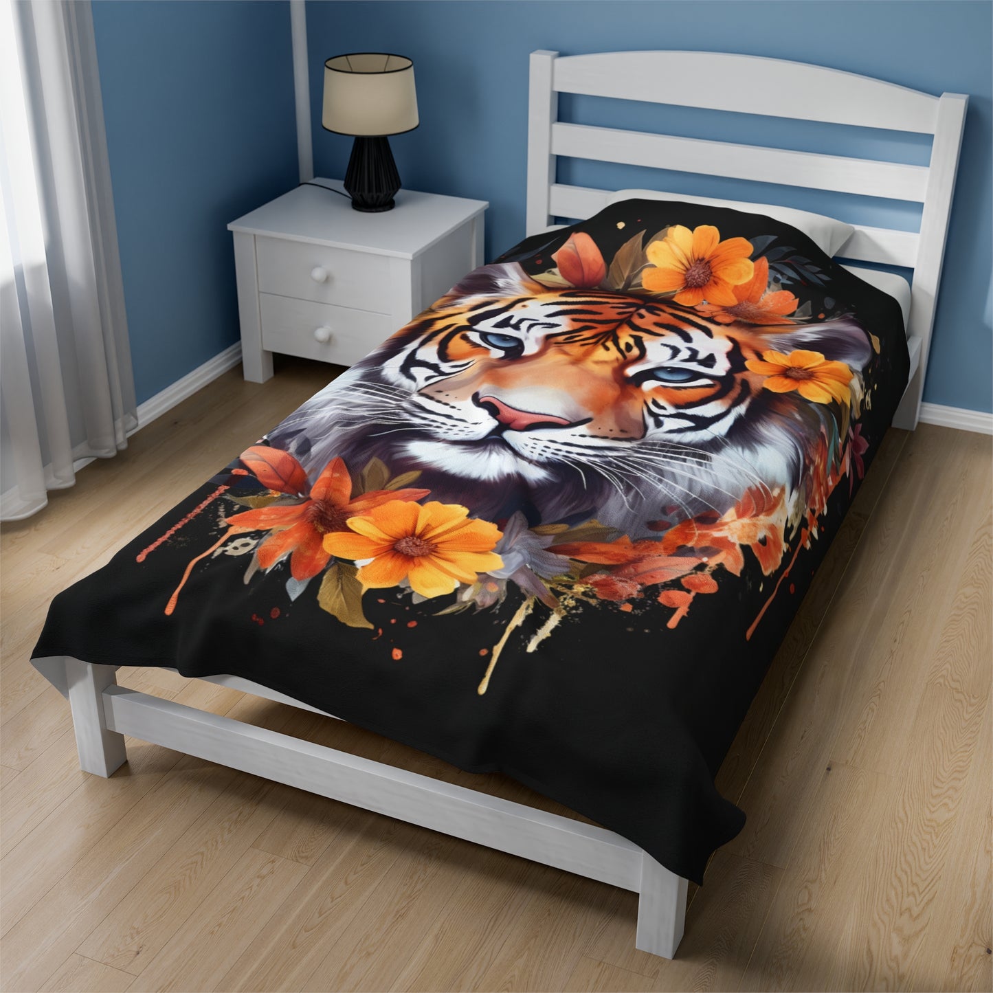 Tiger Head with Flowers Blanket