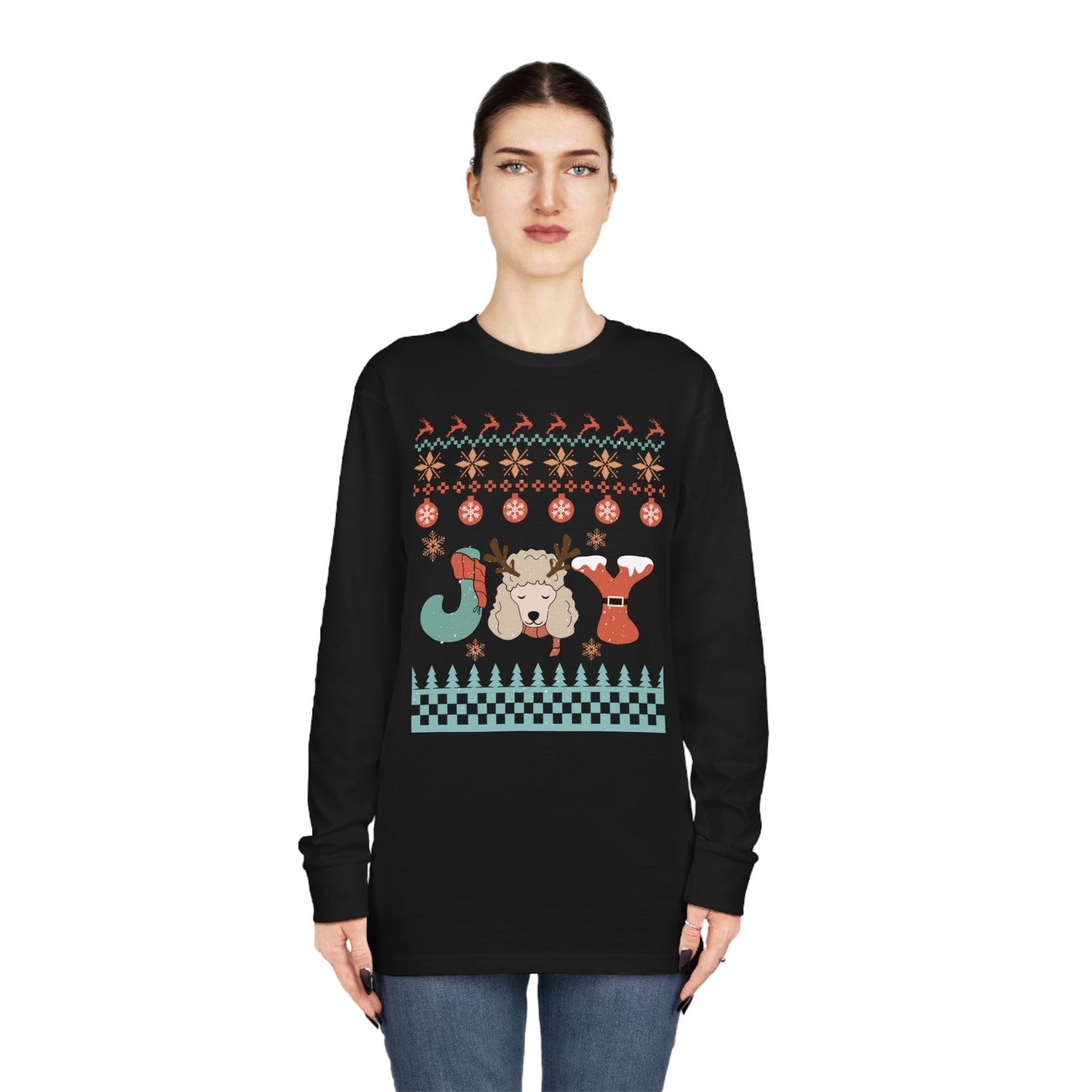 Joy Miniature Poodle Dog Christmas Ugly Sweater Long Sleeve Tee