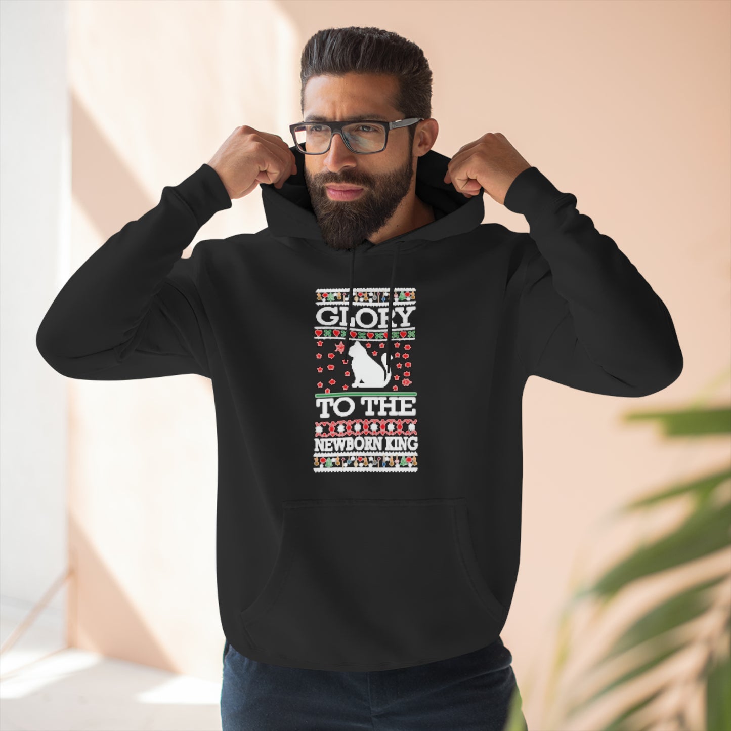 Glory to the Newborn King Cat Christmas Ugly Sweater Pullover Hoodie