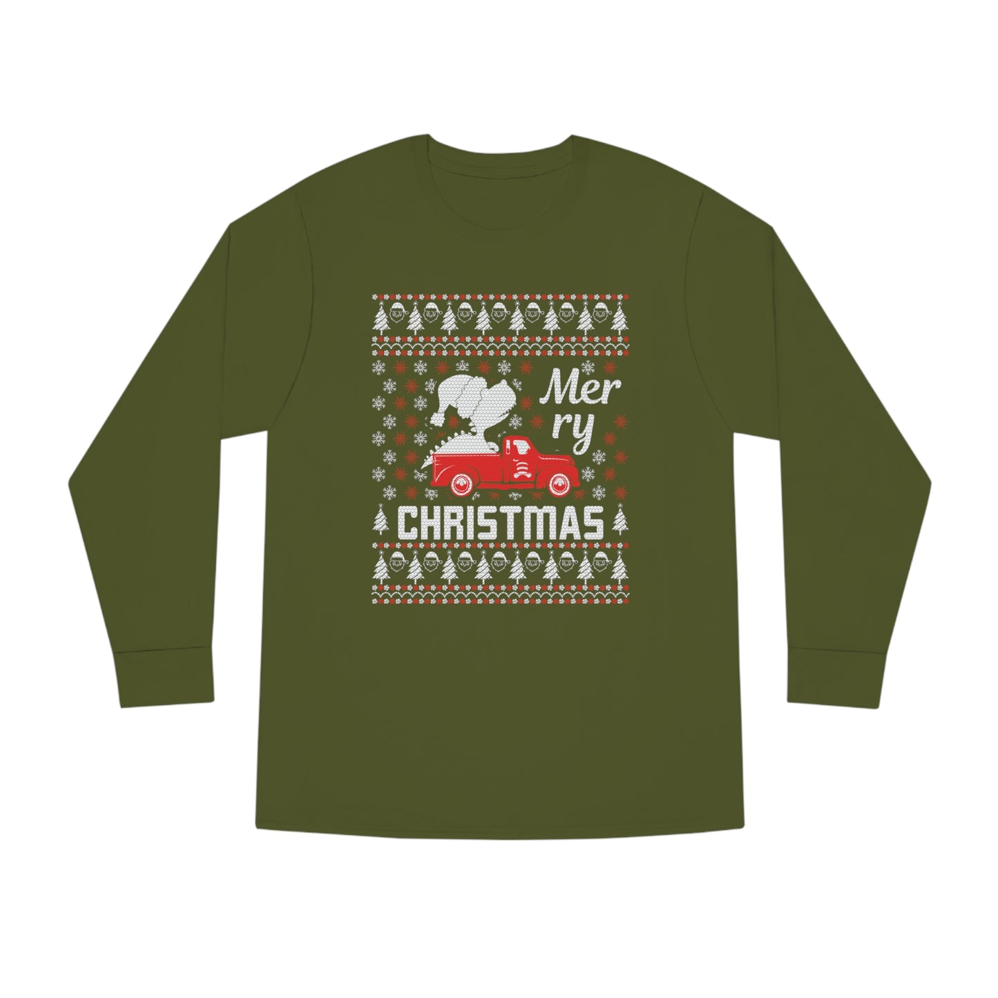 Dinosaur in Red Truck Merry Christmas Ugly Sweater Long Sleeve T-shirt