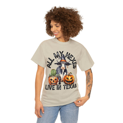 All My Hexes Live In Texas Cow With Pumpkins Halloween Short Sleeve Tee