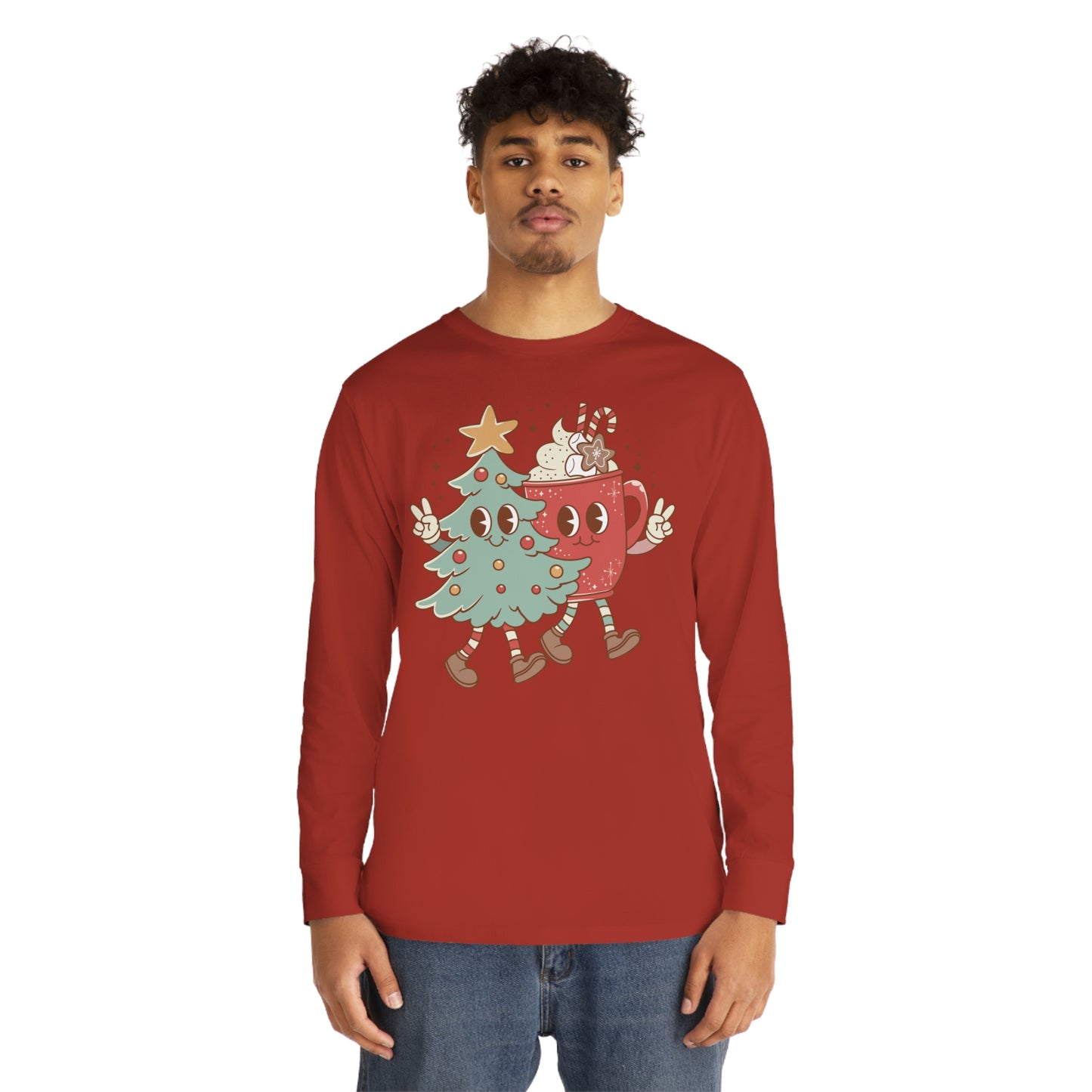 Retro Christmas Tree and Hot Cocoa Christmas Long Sleeve Tee