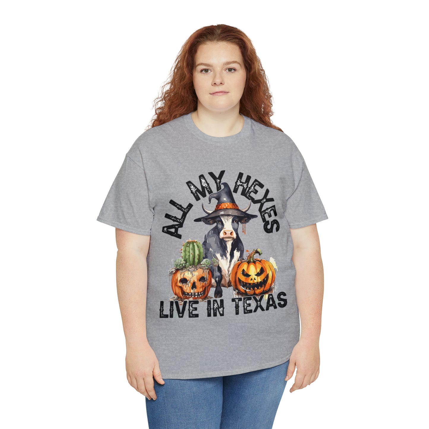 All My Hexes Live In Texas Cow With Pumpkins Halloween Short Sleeve Tee