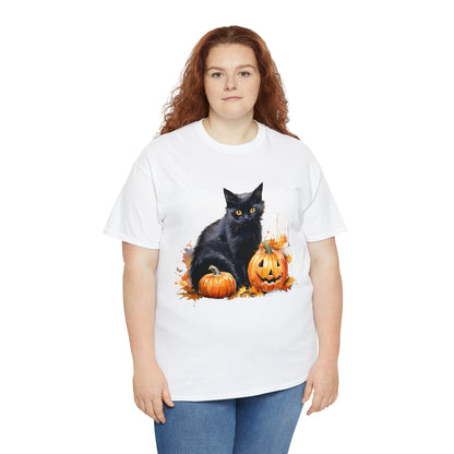 Black Cat with Pumpkin Halloween Short Sleeve Tee