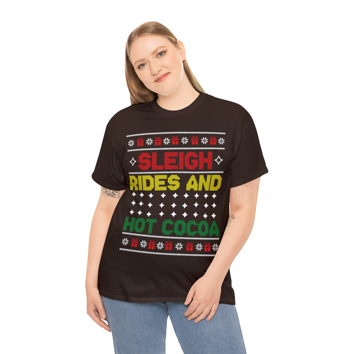 Sleigh Rides and Hot Cocoa Christmas Ugly Sweater Short Sleeve Tee