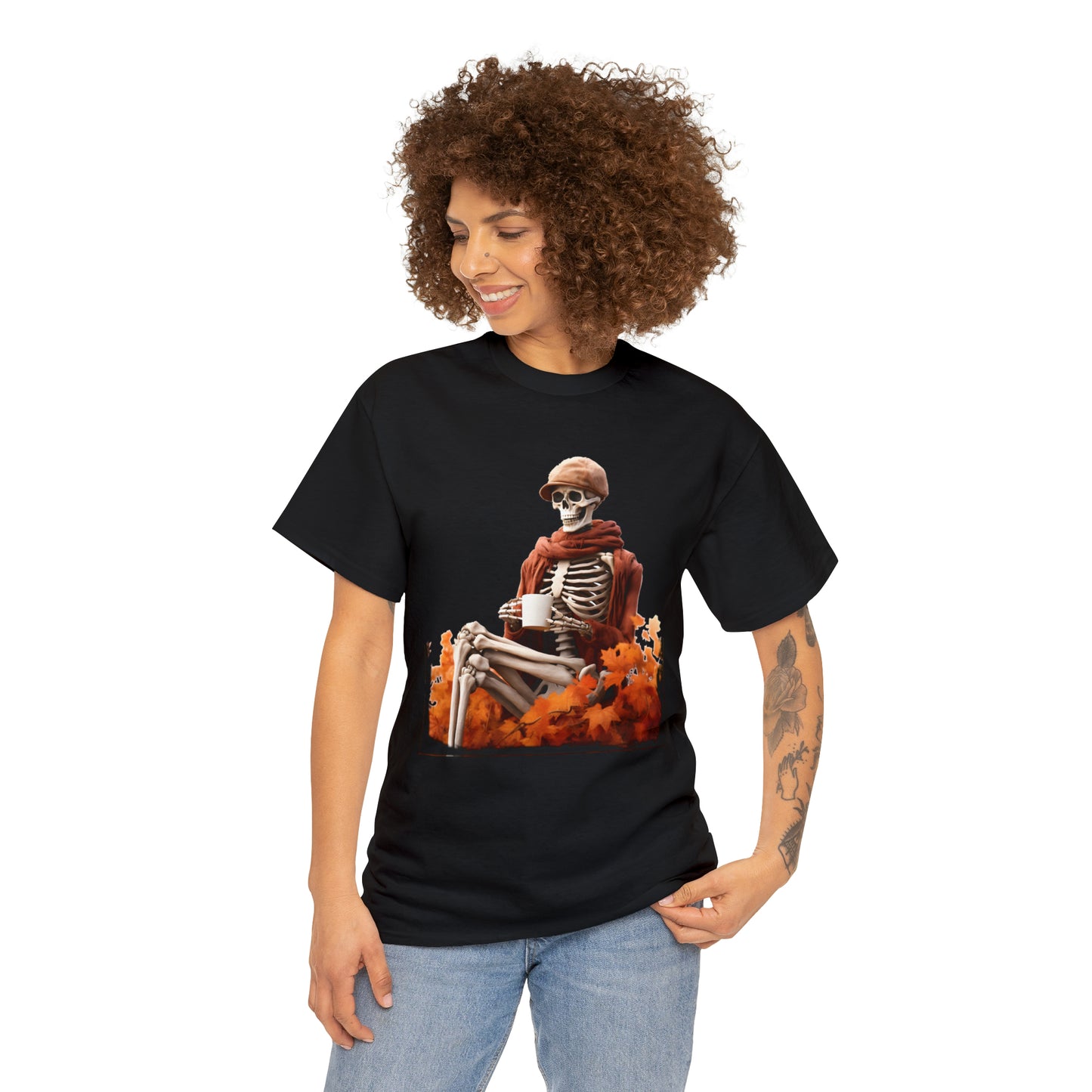 Skeleton in Fedora Sitting With Fall Leaves Halloween Short Sleeve Tee