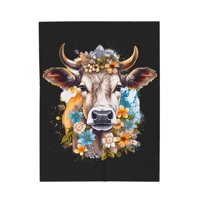 Cow Head with Flowers Blanket