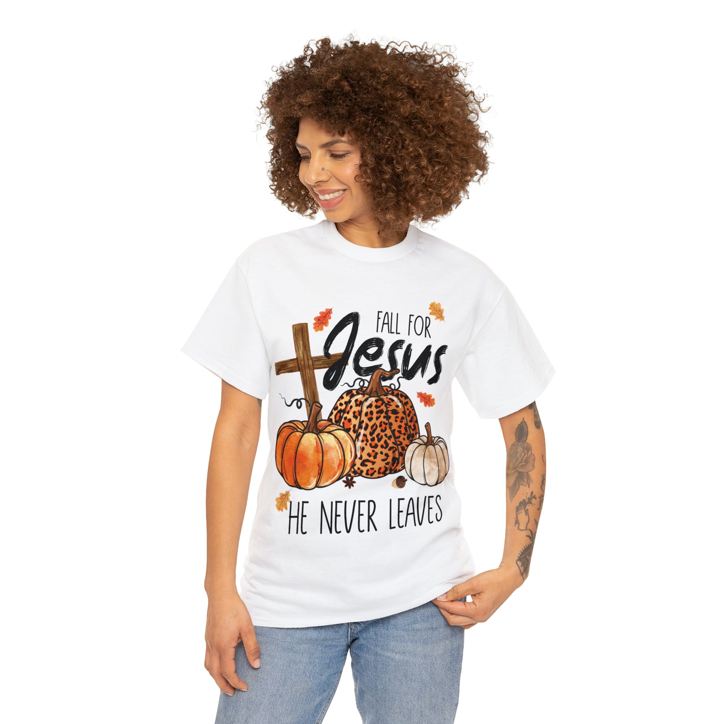 Fall For Jesus He Never Leaves Christian Halloween Short Sleeve Tee