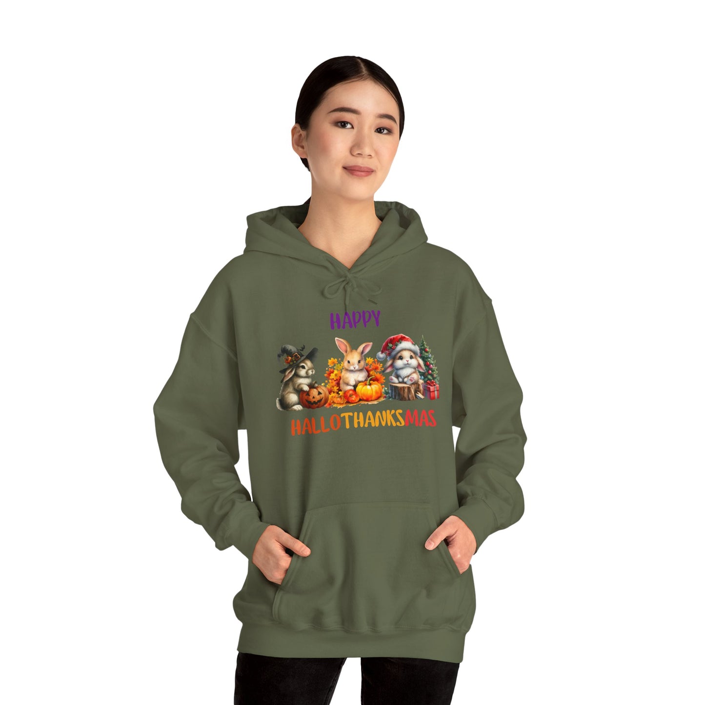Hallothanksmas Halloween Thanksgiving Christmas Rabbits Pullover Hoodie