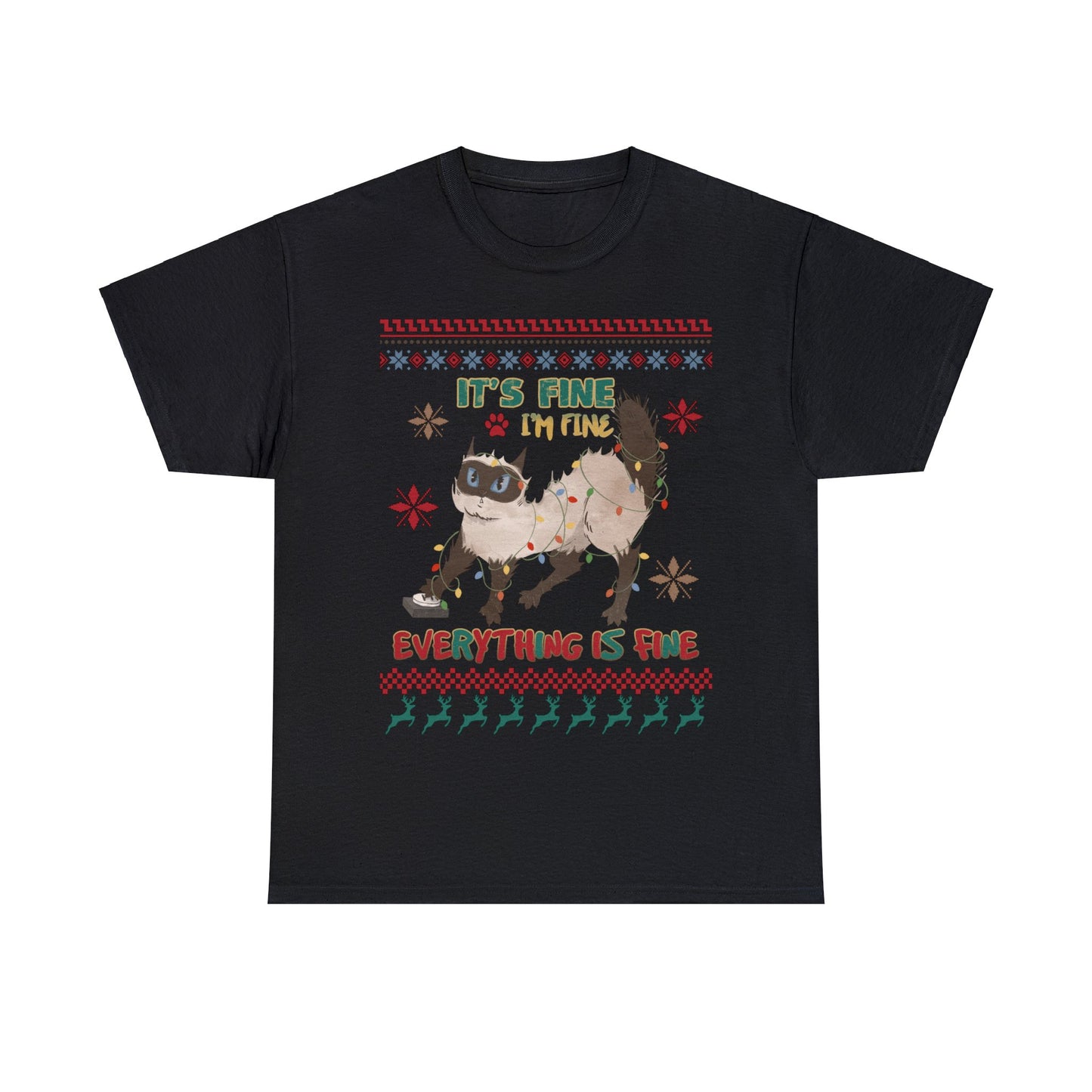 It's Fine I'm Fine Everything is Fine Cat in Lights Christmas Ugly Sweater Short Sleeve Tee