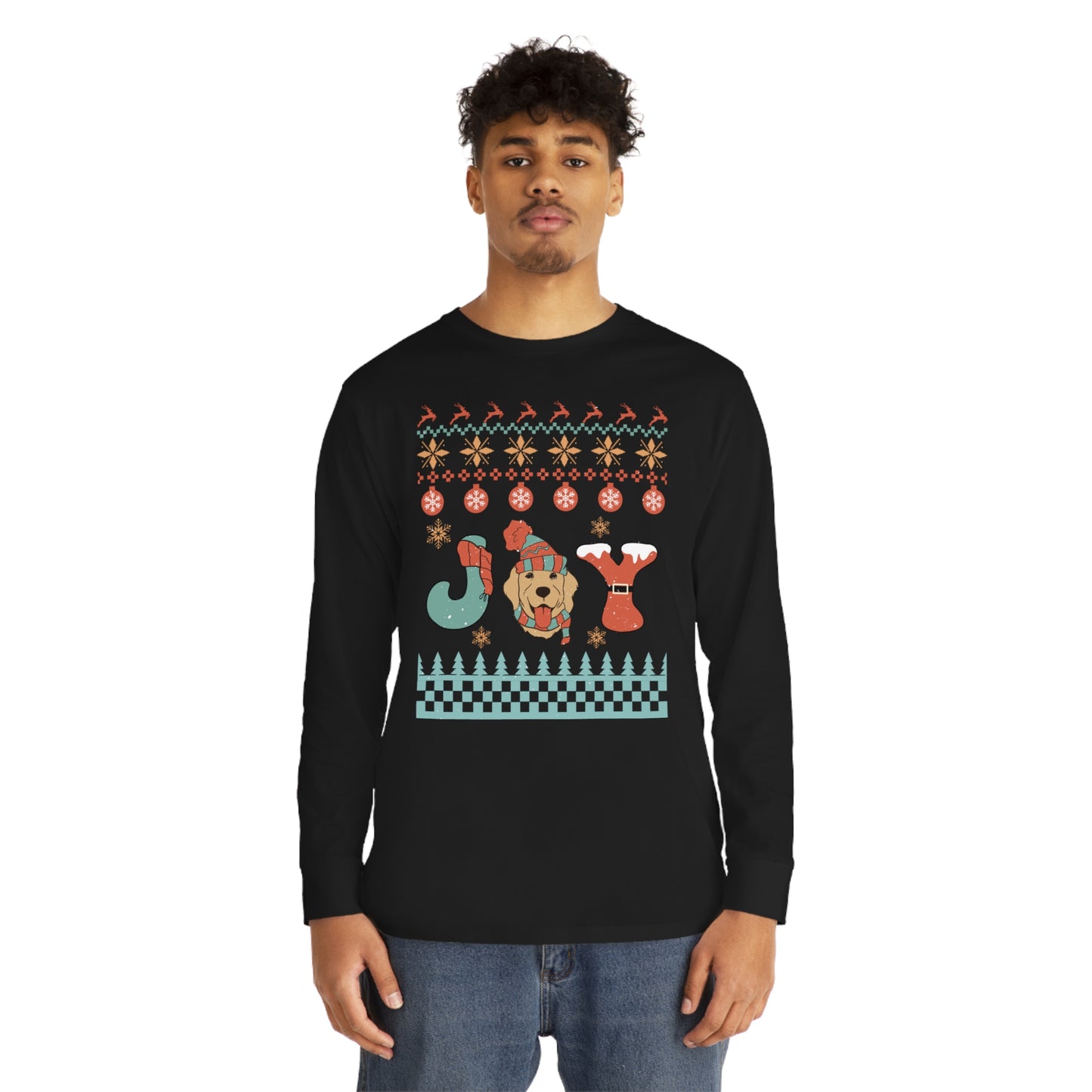 Joy Golden Retriever Dog Christmas Ugly Sweater Long Sleeve Tee