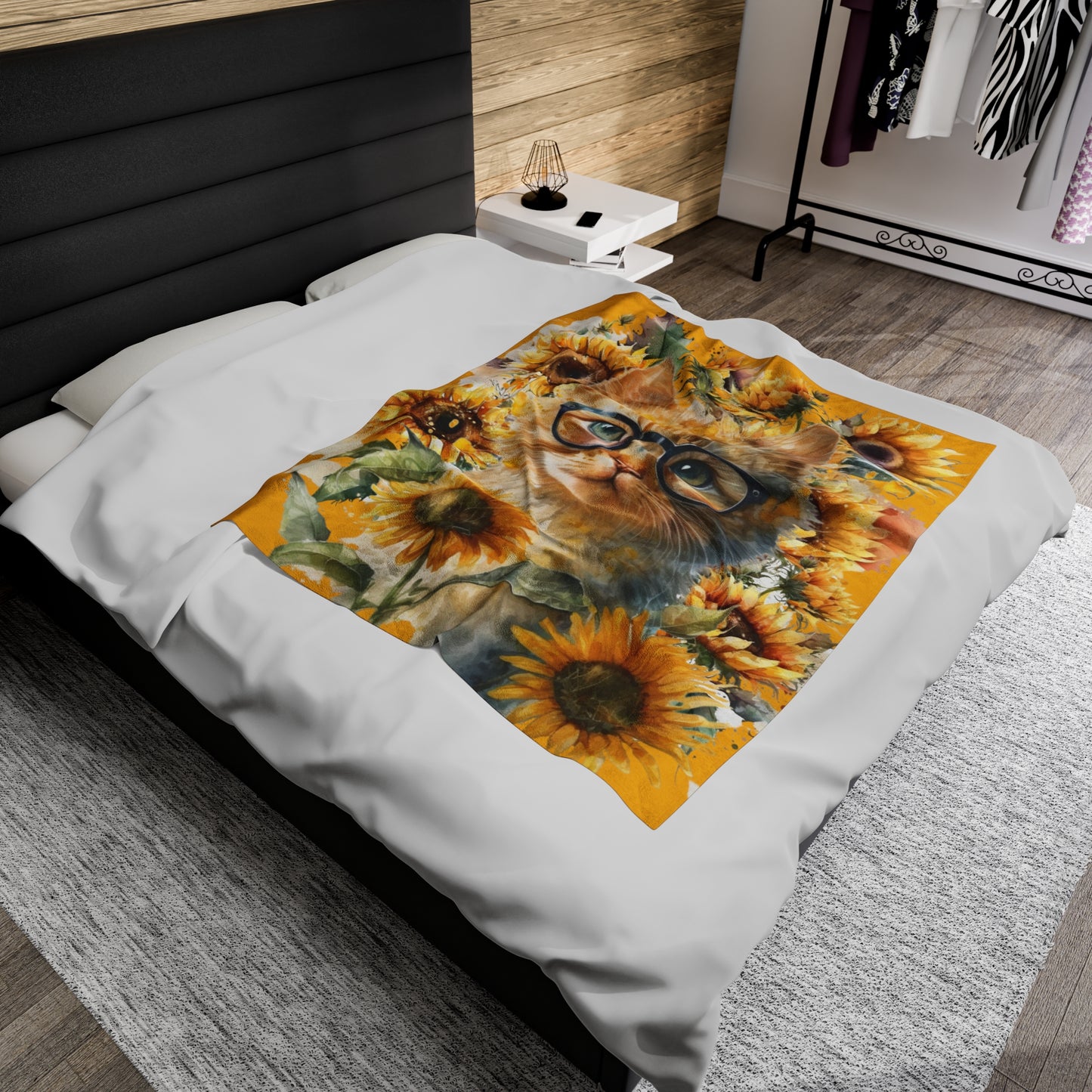 Watercolor Yellow Sunflowers with Cat in Glasses Blanket