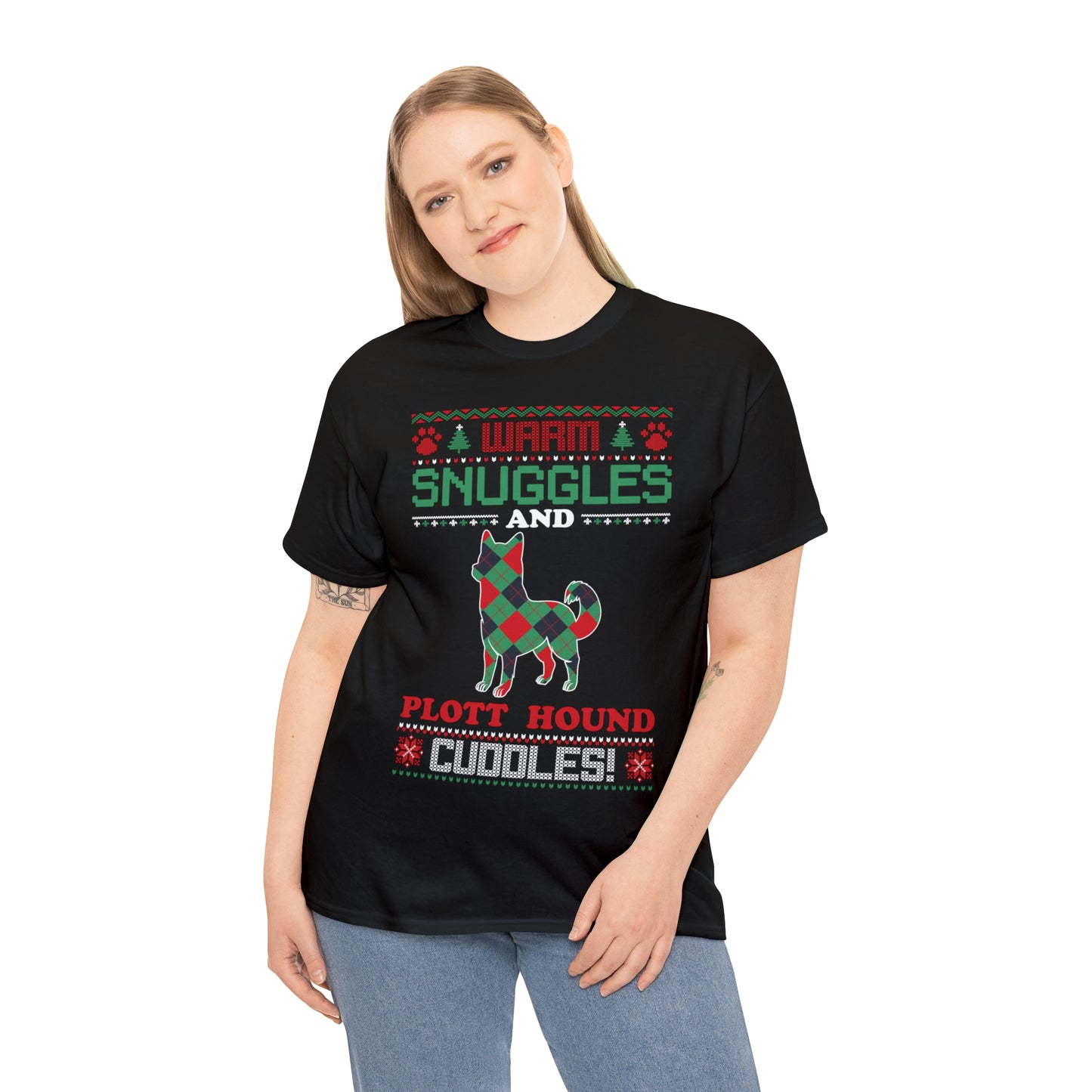 Warm Snuggles and Plott Hound Cuddles Christmas Ugly Sweater Short Sleeve Tee