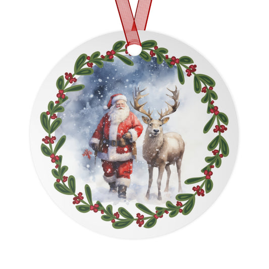 Santa With Reindeer in Snow Ornament