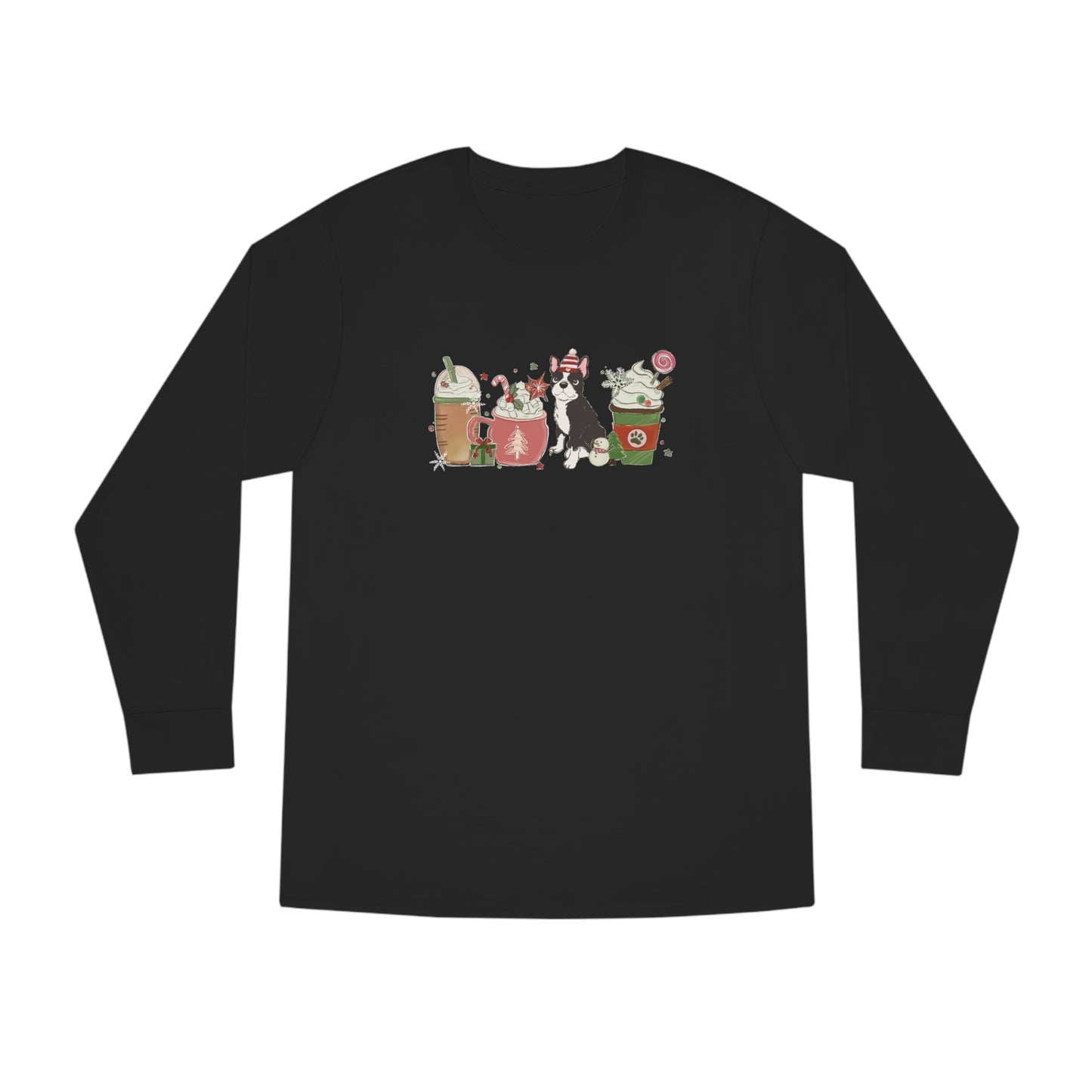 Boston Terrier Dog Latte Christmas Long Sleeve Tee