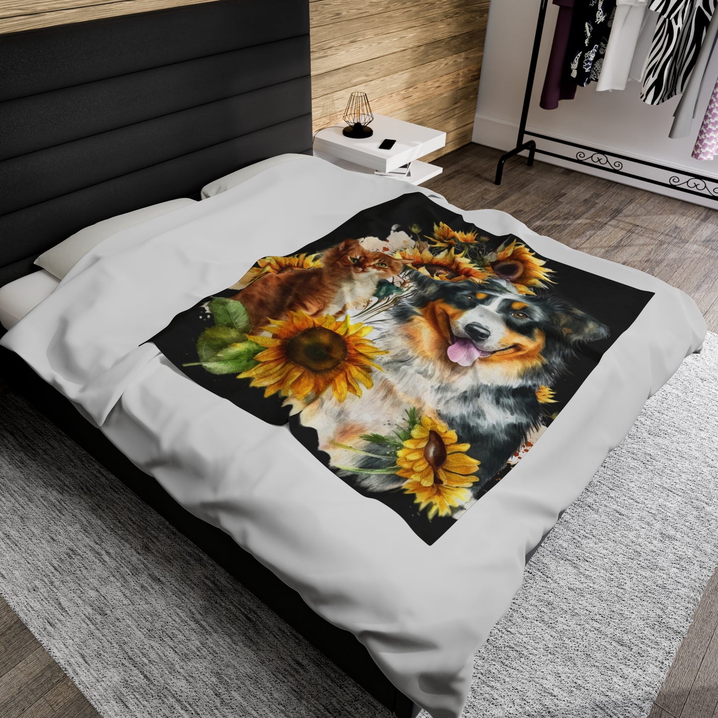 Watercolor Dog and Cat with Sunflowers Blanket