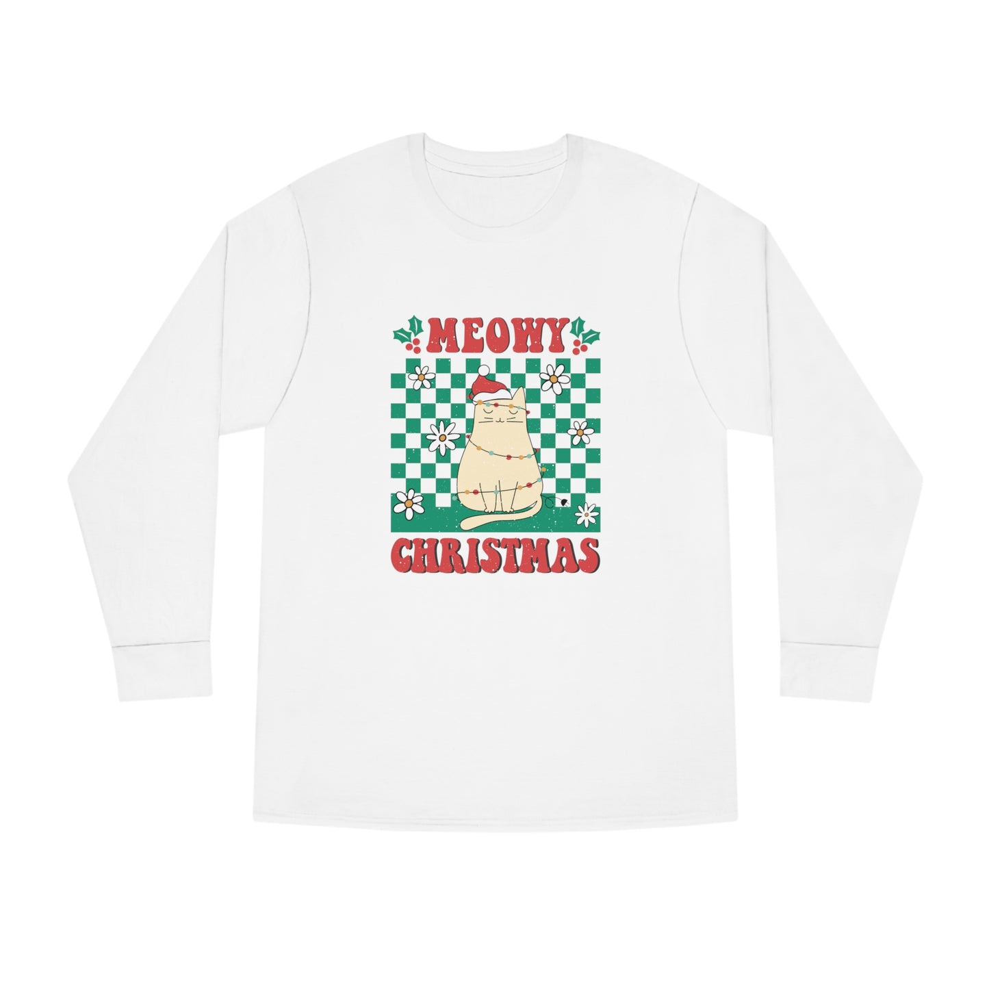 Meowy Christmas Cat In Christmas Lights Green Ugly Sweater Long Sleeve Tee