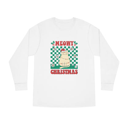 Meowy Christmas Cat In Christmas Lights Green Ugly Sweater Long Sleeve Tee