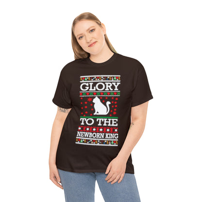 Glory to the Newborn King Cat Christmas Ugly Sweater Short Sleeve Tee