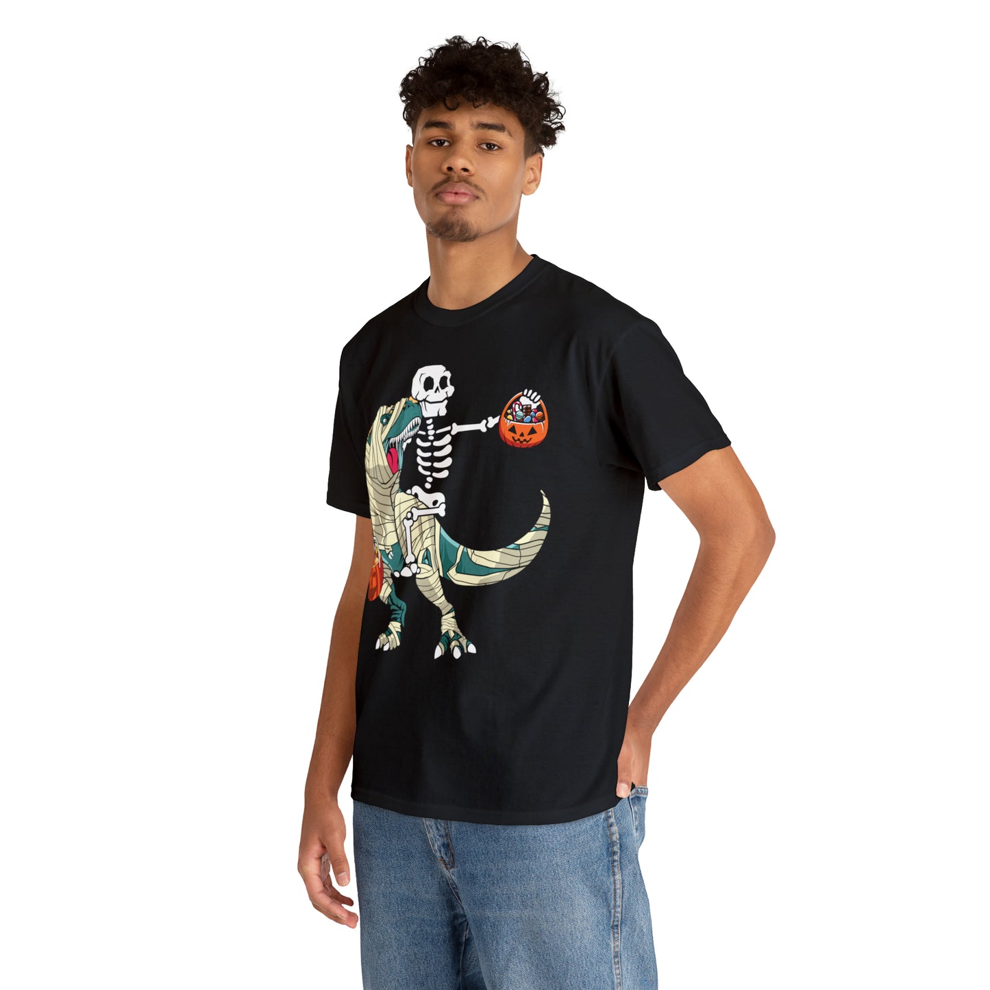 Skeleton Riding Mummy Dinosaur Halloween Short Sleeve Tee