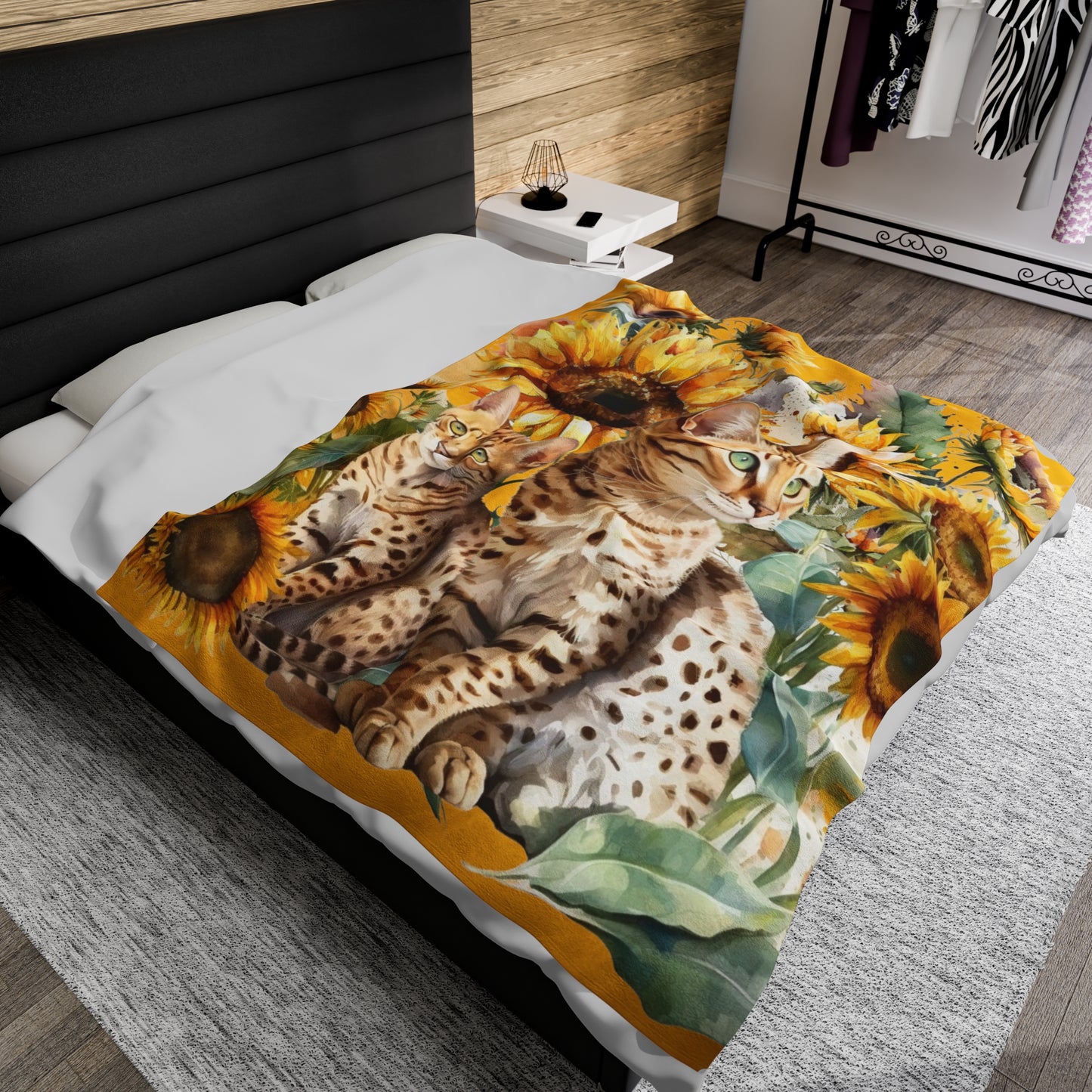 Bengal Cat with Sunflowers Blanket