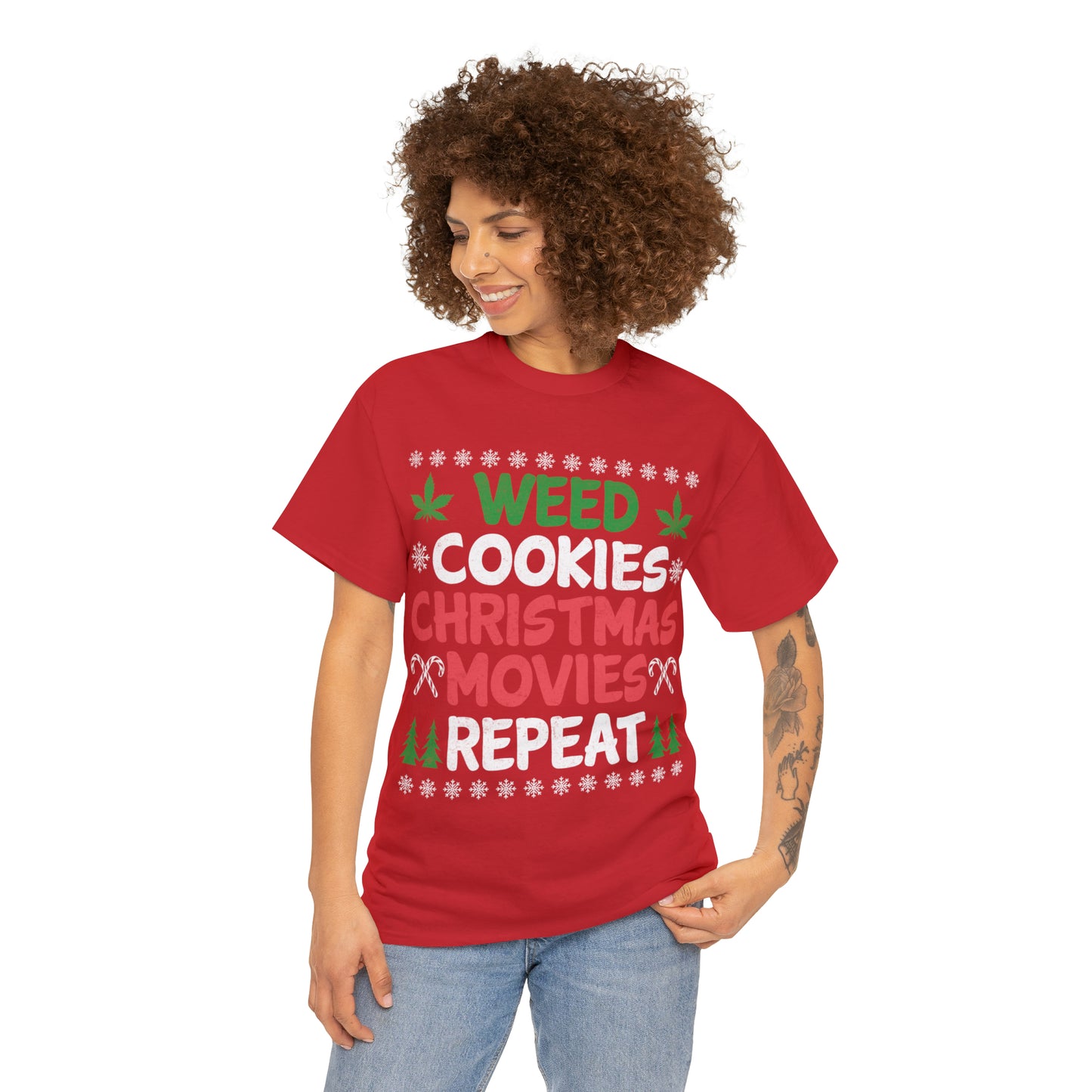 Weed Cookies Christmas Movies Repeat Christmas Ugly Sweater Short Sleeve Tee