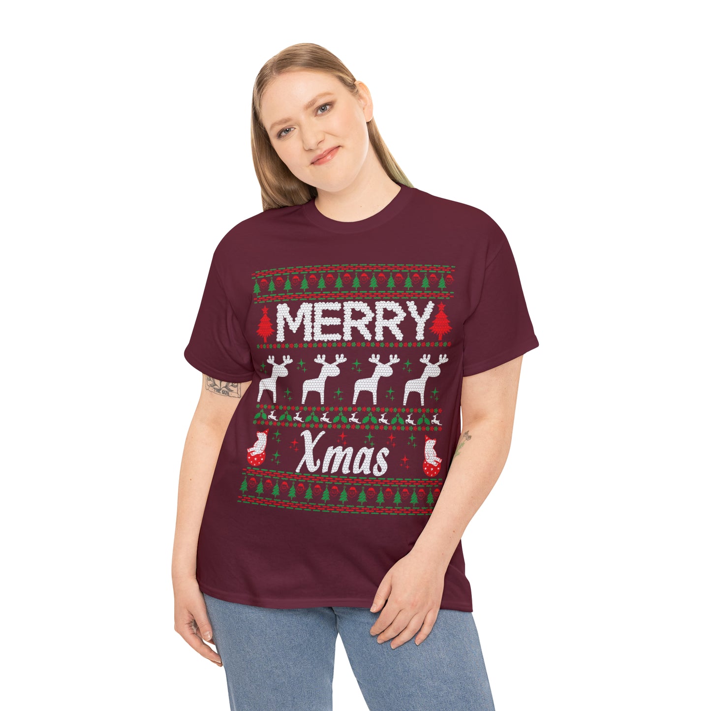 Merry Xmas Raindeers Christmas Ugly Sweater Short Sleeve Tee