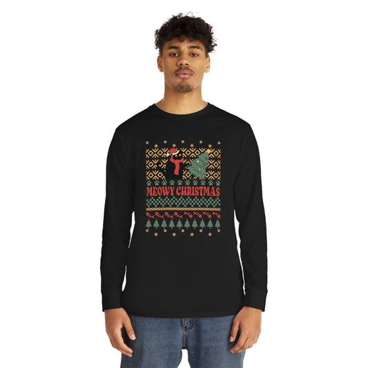 Meowy Christmas Cat Tipping Over Tree Ugly Sweater Long Sleeve Tee