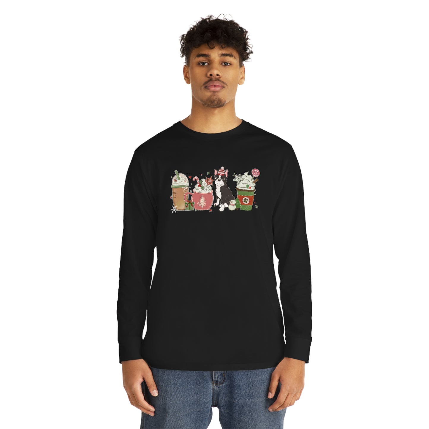 Boston Terrier Dog Latte Christmas Long Sleeve Tee