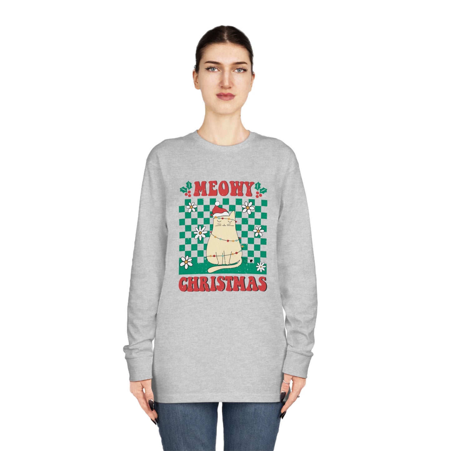 Meowy Christmas Cat In Christmas Lights Green Ugly Sweater Long Sleeve Tee