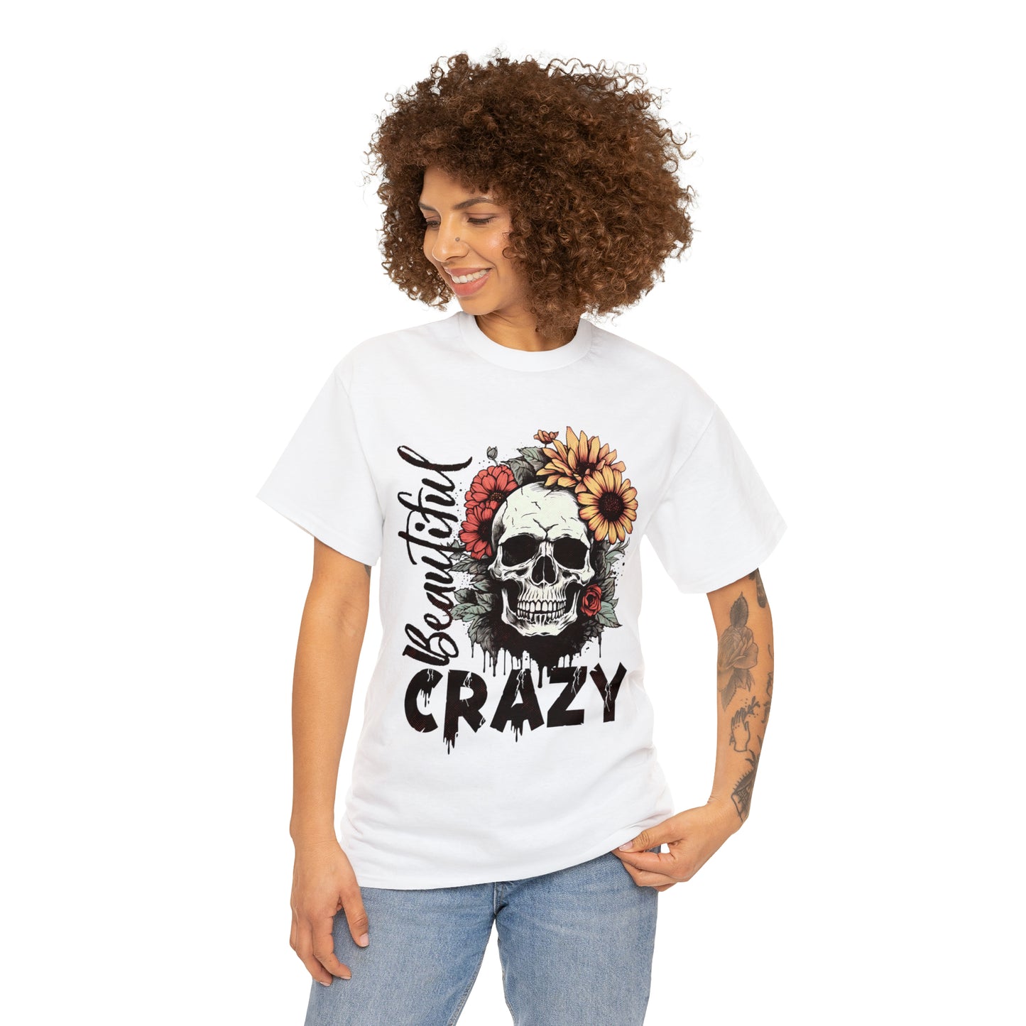 Beautiful Crazy Skull With Flowers Halloween Short Sleeve Tee