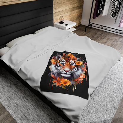 Tiger Head with Flowers Blanket