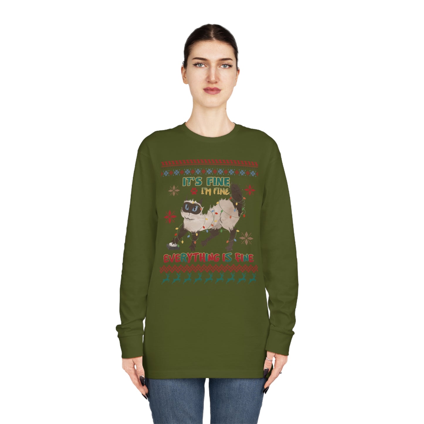 It's Fine I'm Fine Everything is Fine Cat in Lights Christmas Ugly Sweater Long Sleeve T-shirt