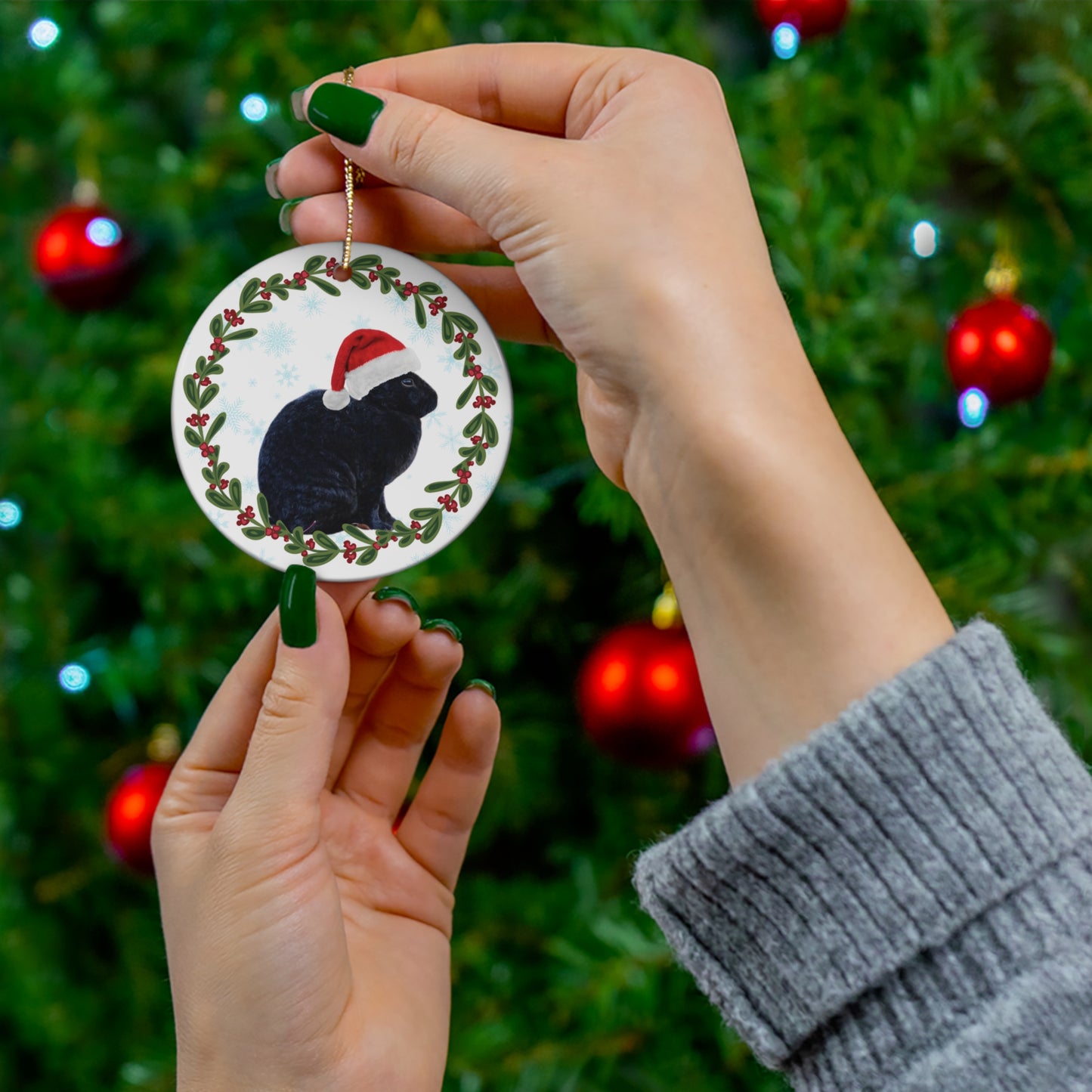 Black Rex Rabbit Bunny in Santa Hat Christmas Ceramic Ornament