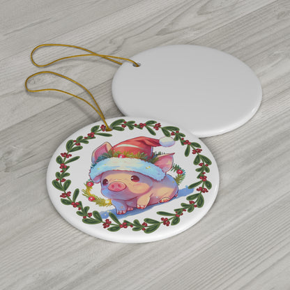 Pig in Santa Hat Christmas Ceramic Ornament