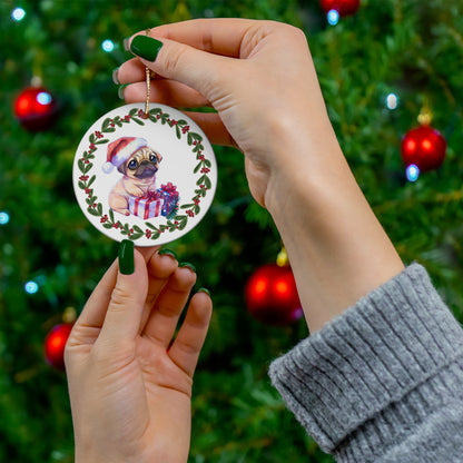 Pug Sitting with Presents Christmas Ceramic Ornament