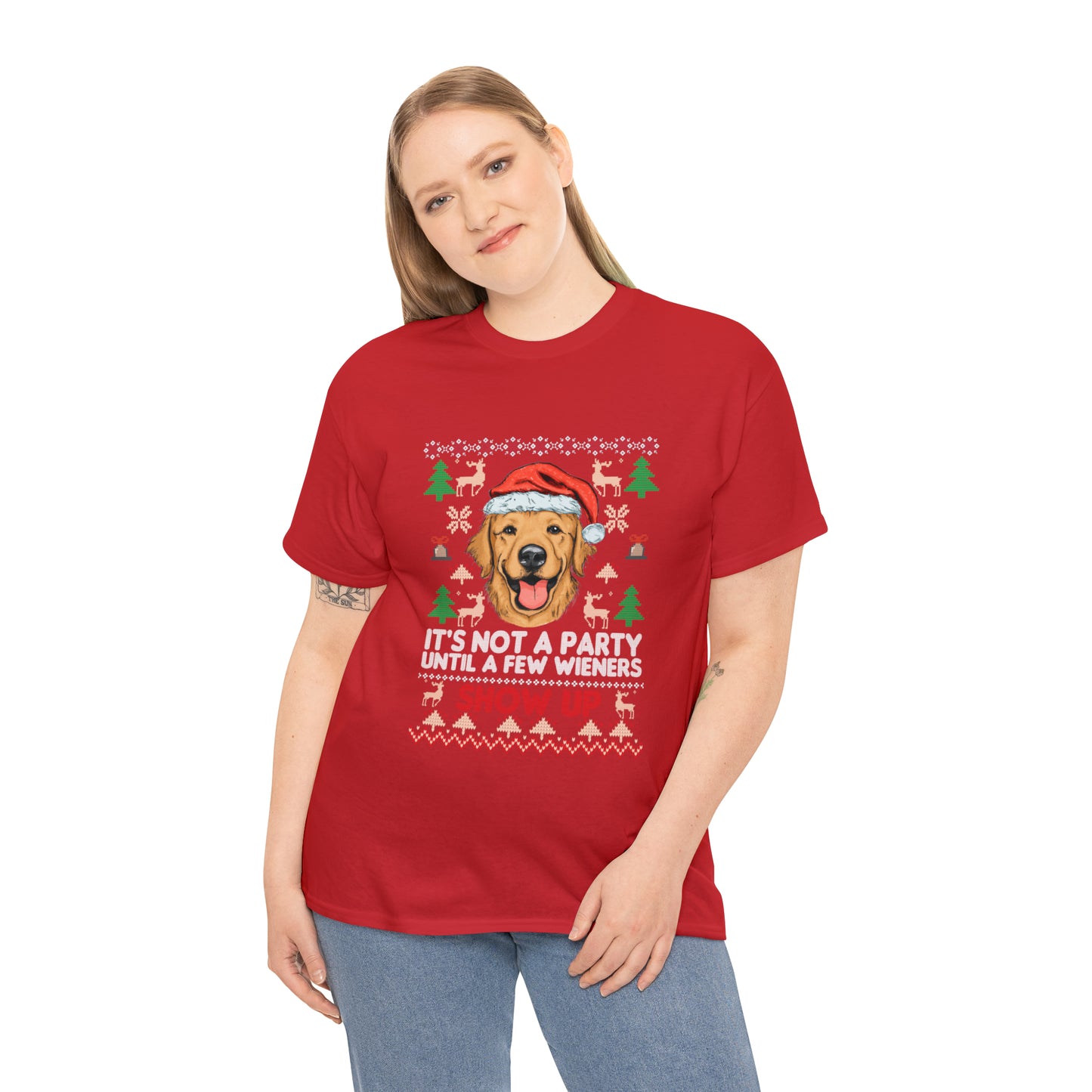 It's Not a Party Until a Few Wieners Show Up Ugly Christmas Sweater Short Sleeve Tee