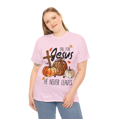 Fall For Jesus He Never Leaves Christian Halloween Short Sleeve Tee