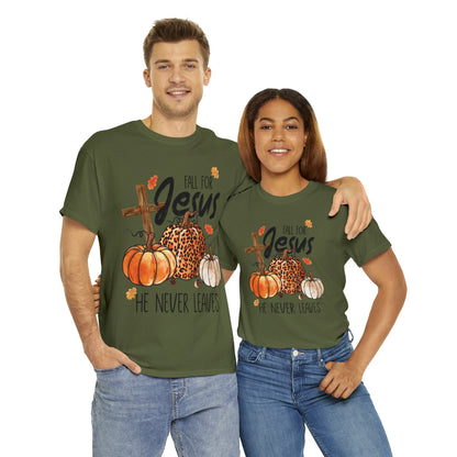 Fall For Jesus He Never Leaves Christian Halloween Short Sleeve Tee