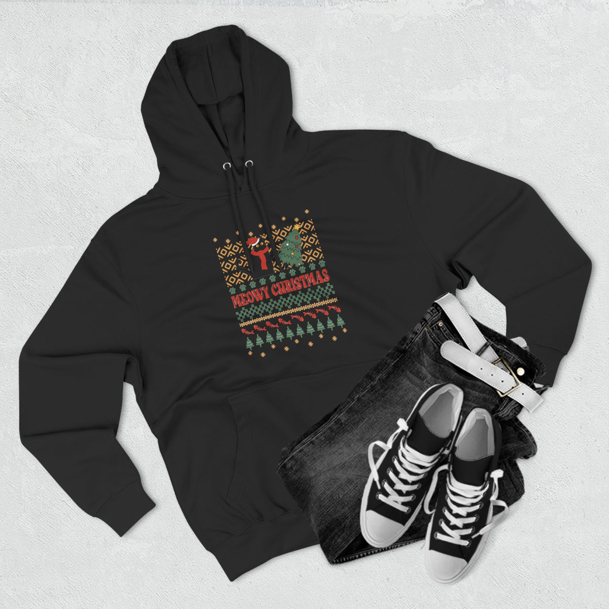 Meowy Christmas Cat Tipping Over Tree Ugly Sweater Pullover Hoodie