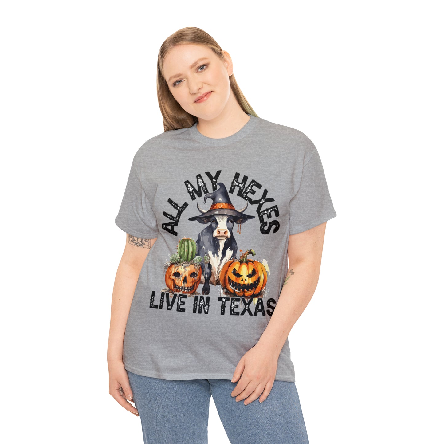 All My Hexes Live In Texas Cow With Pumpkins Halloween Short Sleeve Tee