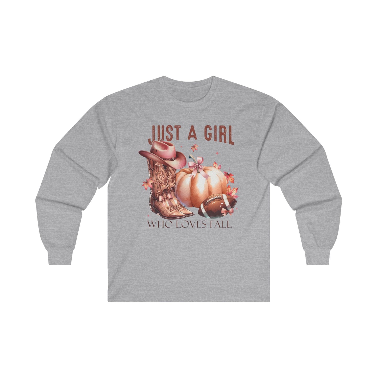 Country Football Love Fall Shirt Cowboy Boots Hat Pumpkin Bow Just a Girl Who Loves Fall Gift Long Sleeve T-Shirt