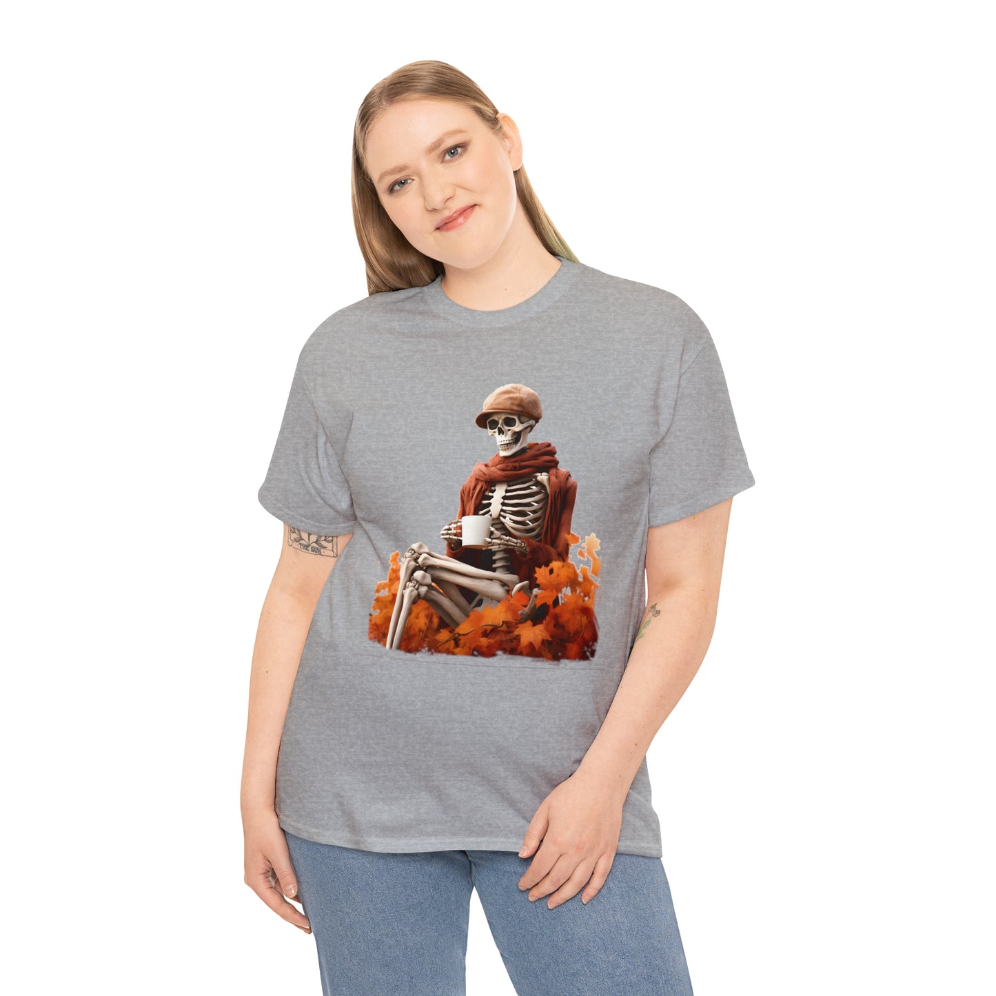 Skeleton in Fedora Sitting With Fall Leaves Halloween Short Sleeve Tee