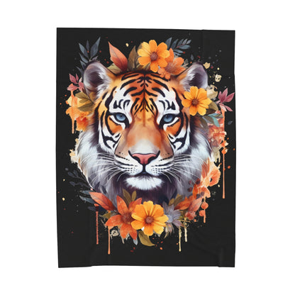 Tiger Head with Flowers Blanket