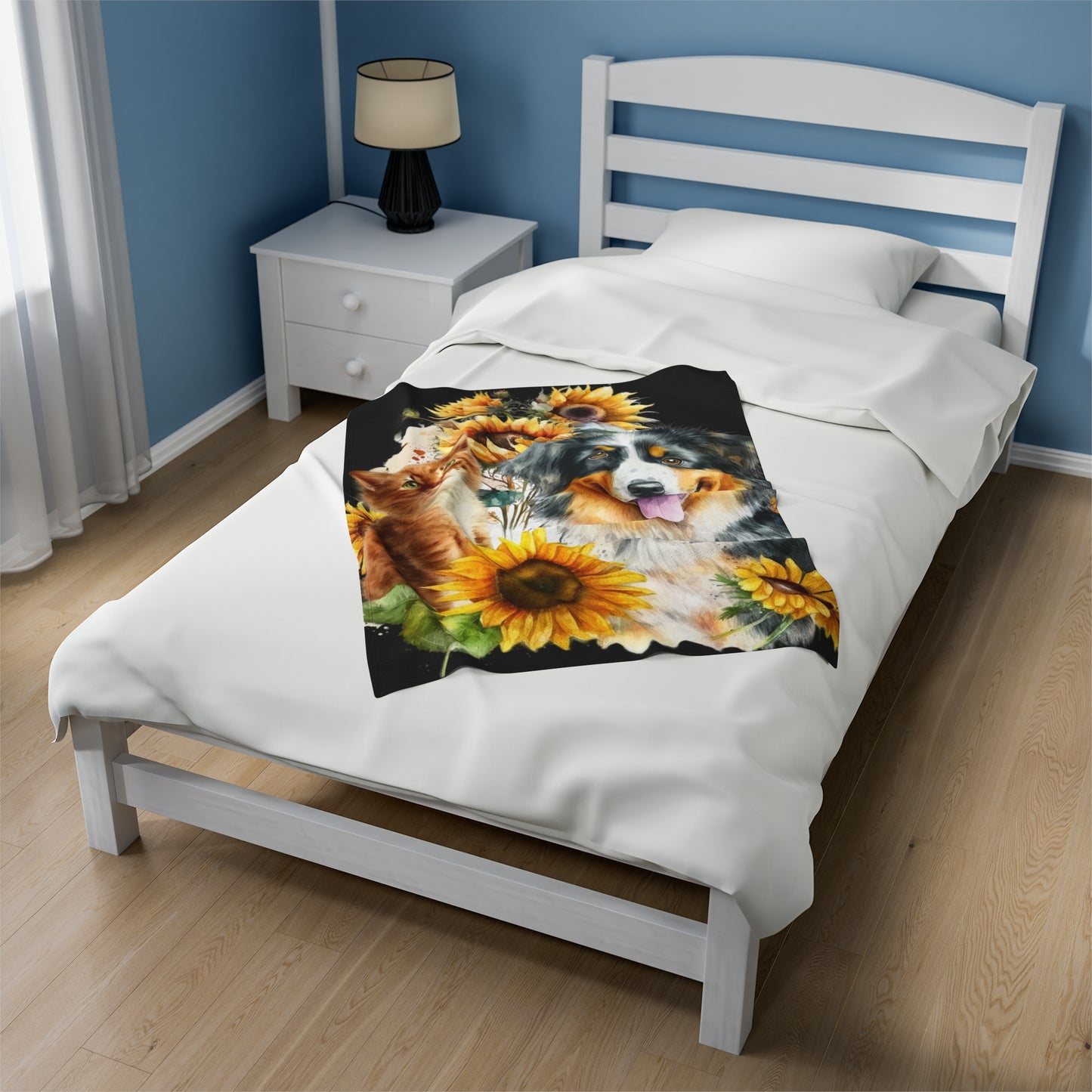 Watercolor Dog and Cat with Sunflowers Blanket