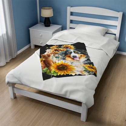 Watercolor Dog and Cat with Sunflowers Blanket