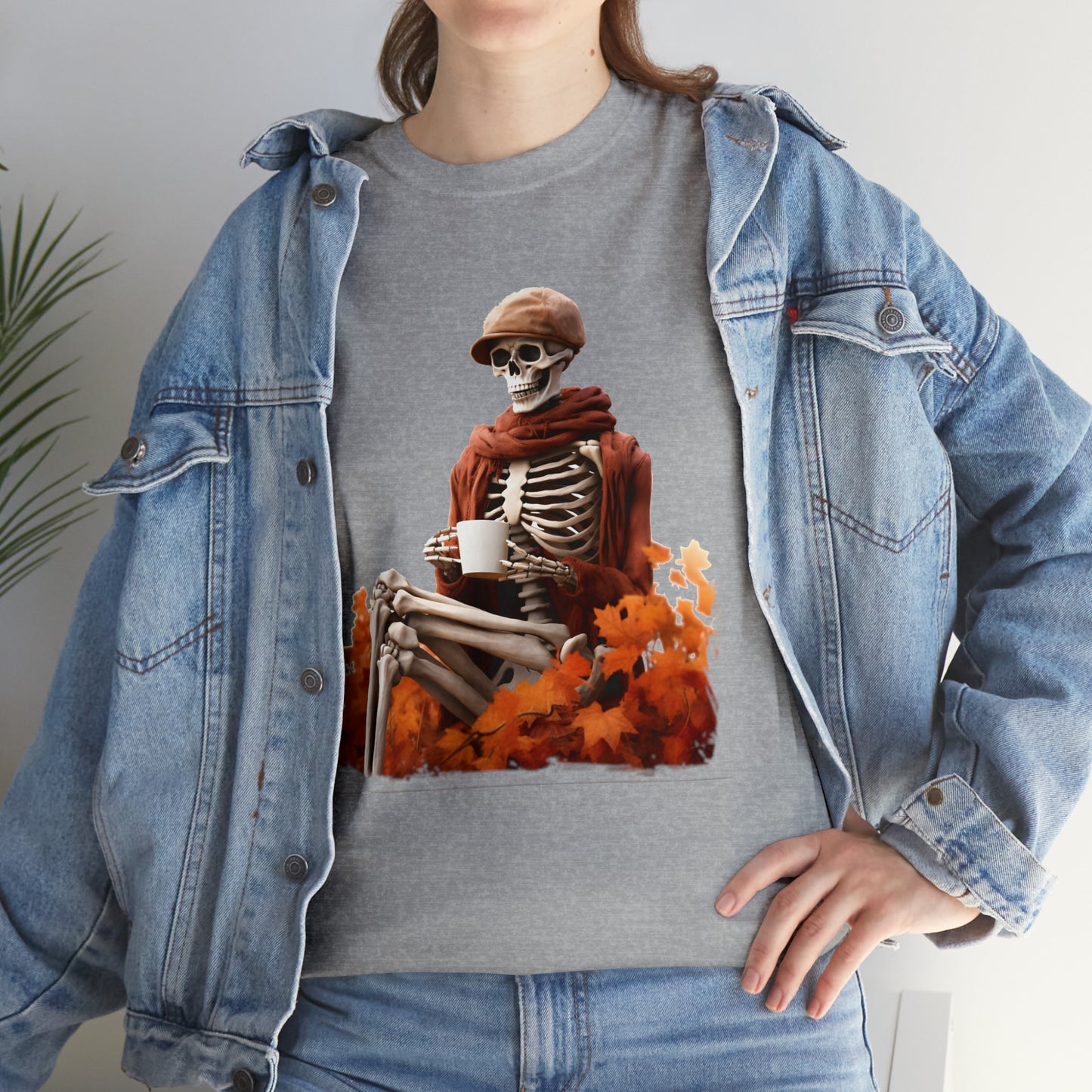 Skeleton in Fedora Sitting With Fall Leaves Halloween Short Sleeve Tee